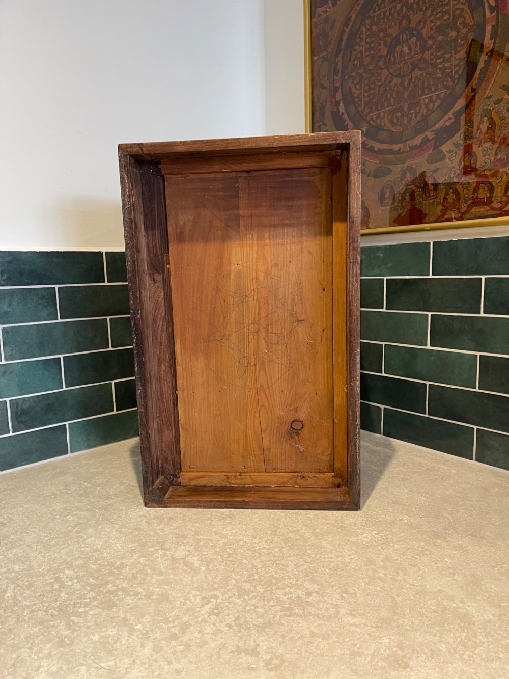 An Ottoman wooden tabletop cabinet featuring geometric mother-of-pearl and bone inlay, with a open side door revealing internal drawers. View VII