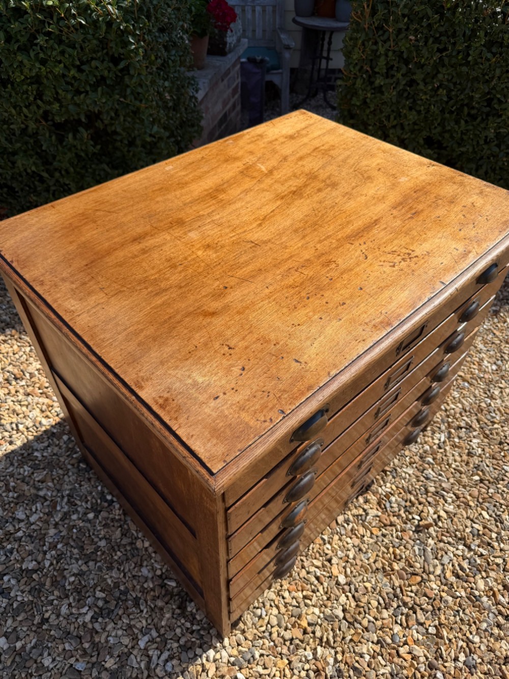 A seven-drawer antique oak plan chest featuring shell cup handles and central metal index label holders on each wide shallow drawer front. View II