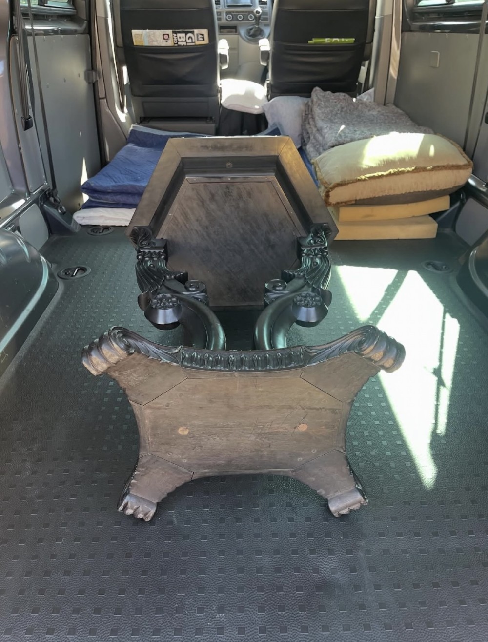 A pair of 19th-century Ceylonese ebony hexagonal occasional tables featuring inlaid geometric specimen wood tops and carved scroll legs. View XIII