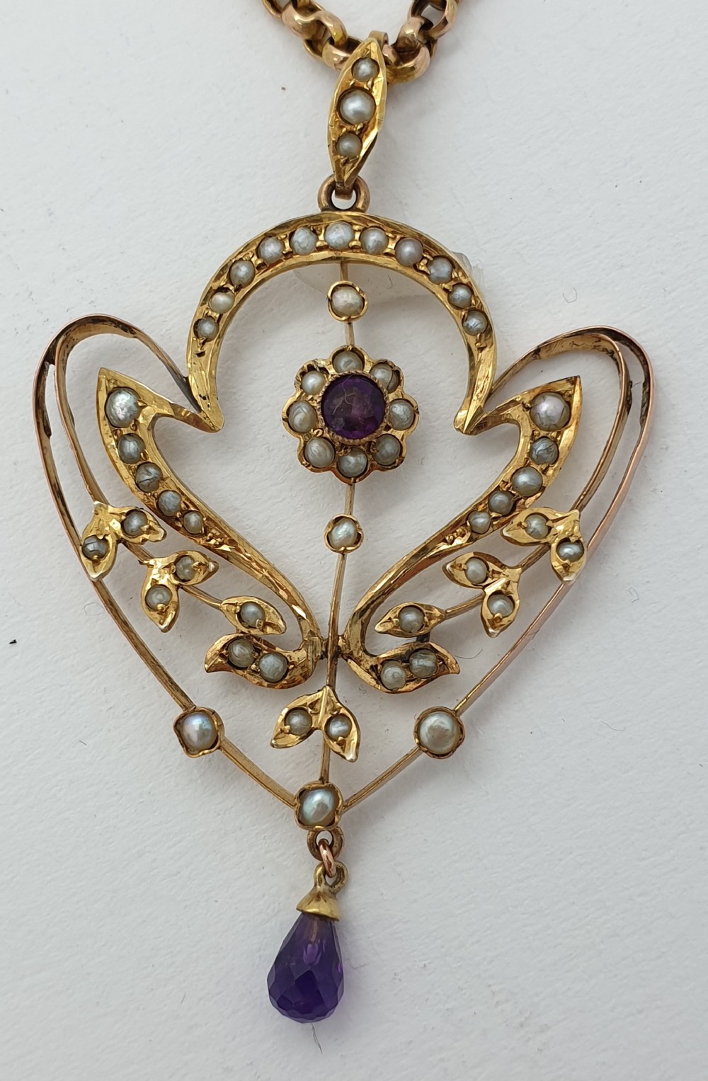 9ct Edwardian Amethyst and Seed Pearl Pendant