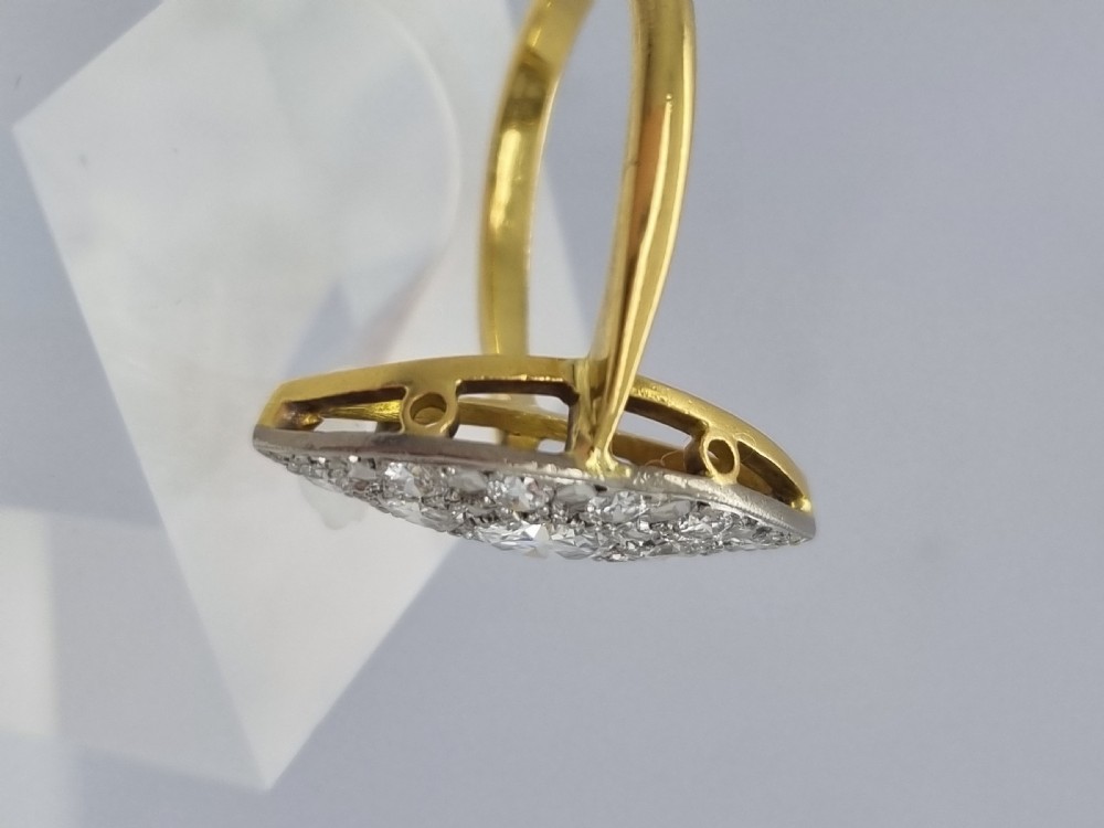 An antique navette-shaped cluster ring crafted in yellow gold with a platinum setting face set with multiple diamonds. View XIII