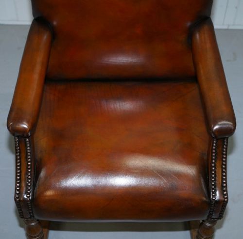 8 HOWARD SON'S STAMPED CIRCA 1900 BROWN LEATHER CARVER GAINSBOROUGH ARMCHAIRS - ADDITIONAL PHOTO 3