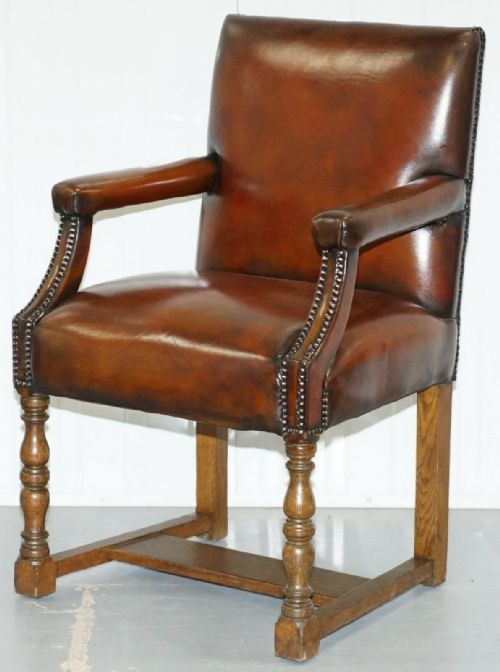8 HOWARD SON'S STAMPED CIRCA 1900 BROWN LEATHER CARVER GAINSBOROUGH ARMCHAIRS - ADDITIONAL PHOTO 4
