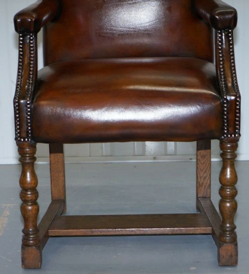 8 HOWARD SON'S STAMPED CIRCA 1900 BROWN LEATHER CARVER GAINSBOROUGH ARMCHAIRS - ADDITIONAL PHOTO 5