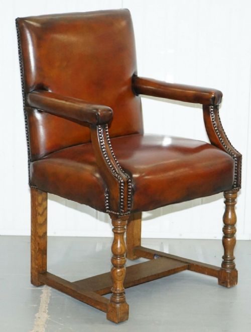 8 HOWARD SON'S STAMPED CIRCA 1900 BROWN LEATHER CARVER GAINSBOROUGH ARMCHAIRS - ADDITIONAL PHOTO 9