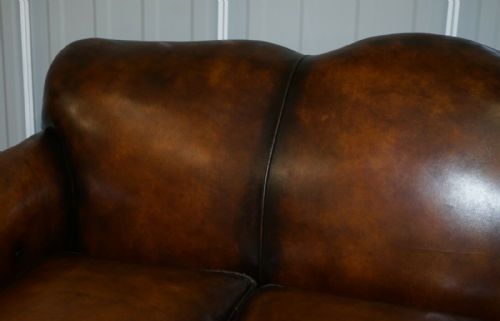 VERY RARE FULLY RESTORED GENTLEMAN'S CLUB MOUSTACHE BACK BROWN LEATHER SOFA - ADDITIONAL PHOTO 2