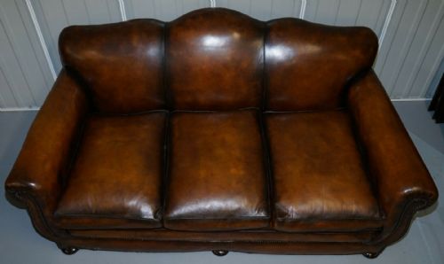 VERY RARE FULLY RESTORED GENTLEMAN'S CLUB MOUSTACHE BACK BROWN LEATHER SOFA - ADDITIONAL PHOTO 3