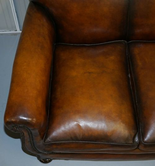VERY RARE FULLY RESTORED GENTLEMAN'S CLUB MOUSTACHE BACK BROWN LEATHER SOFA - ADDITIONAL PHOTO 4