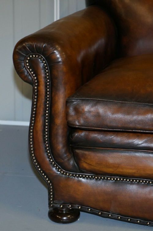 VERY RARE FULLY RESTORED GENTLEMAN'S CLUB MOUSTACHE BACK BROWN LEATHER SOFA - ADDITIONAL PHOTO 5