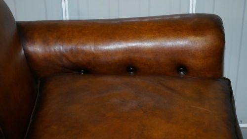 VERY RARE FULLY RESTORED GENTLEMAN'S CLUB MOUSTACHE BACK BROWN LEATHER SOFA - ADDITIONAL PHOTO 7