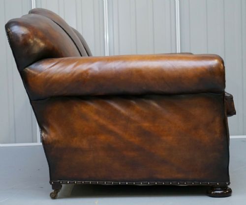 VERY RARE FULLY RESTORED GENTLEMAN'S CLUB MOUSTACHE BACK BROWN LEATHER SOFA - ADDITIONAL PHOTO 8