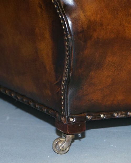 VERY RARE FULLY RESTORED GENTLEMAN'S CLUB MOUSTACHE BACK BROWN LEATHER SOFA - ADDITIONAL PHOTO 9