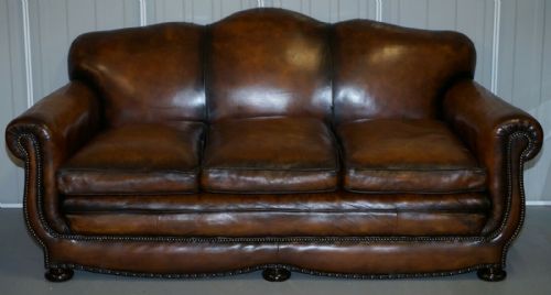 VERY RARE FULLY RESTORED GENTLEMAN'S CLUB MOUSTACHE BACK BROWN LEATHER SOFA - ADDITIONAL PHOTO 11