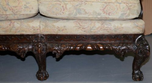 RARE 19TH CENTURY HAND CARVED MAHOGANY HAWK CLAW BALL FEET LIBRARY STUDY SOFA - ADDITIONAL PHOTO 2
