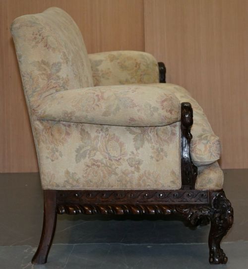 RARE 19TH CENTURY HAND CARVED MAHOGANY HAWK CLAW BALL FEET LIBRARY STUDY SOFA - ADDITIONAL PHOTO 9