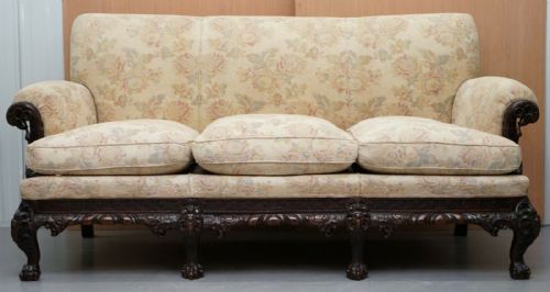 RARE 19TH CENTURY HAND CARVED MAHOGANY HAWK CLAW BALL FEET LIBRARY STUDY SOFA - ADDITIONAL PHOTO 11