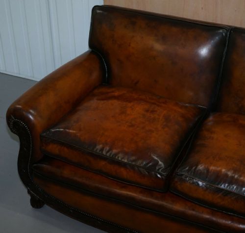 LUXURY VICTORIAN HAND DYED AGED BROWN LEATHER TWO SEAT SOFA HAND CARVED FLORAL - ADDITIONAL PHOTO 1