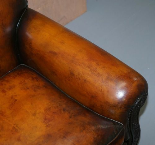 LUXURY VICTORIAN HAND DYED AGED BROWN LEATHER TWO SEAT SOFA HAND CARVED FLORAL - ADDITIONAL PHOTO 4