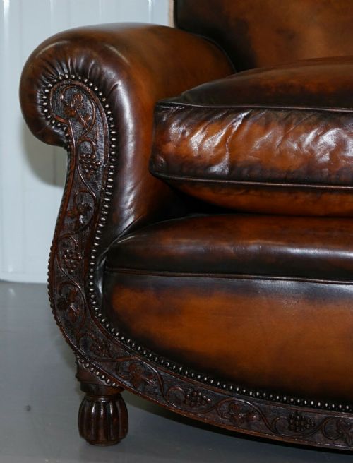 LUXURY VICTORIAN HAND DYED AGED BROWN LEATHER TWO SEAT SOFA HAND CARVED FLORAL - ADDITIONAL PHOTO 5