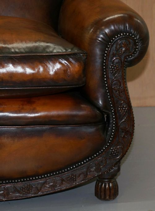 LUXURY VICTORIAN HAND DYED AGED BROWN LEATHER TWO SEAT SOFA HAND CARVED FLORAL - ADDITIONAL PHOTO 6