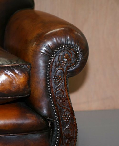 LUXURY VICTORIAN HAND DYED AGED BROWN LEATHER TWO SEAT SOFA HAND CARVED FLORAL - ADDITIONAL PHOTO 7
