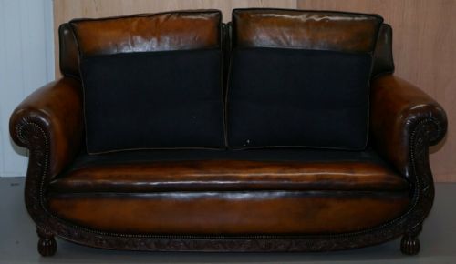 LUXURY VICTORIAN HAND DYED AGED BROWN LEATHER TWO SEAT SOFA HAND CARVED FLORAL - ADDITIONAL PHOTO 8