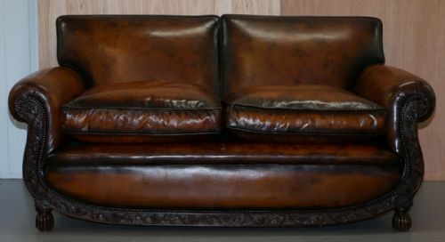 LUXURY VICTORIAN HAND DYED AGED BROWN LEATHER TWO SEAT SOFA HAND CARVED FLORAL - ADDITIONAL PHOTO 11