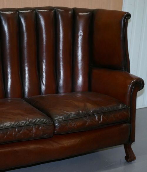 RARE CIRCA 1860 HUGE VICTORIAN BROWN LEATHER BARREL BACK SUITE SOFA ARMCHAIR - ADDITIONAL PHOTO 3