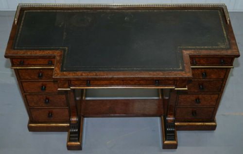 VERY RARE GILLOW 185257 BREAKFRONT LIBRARY DESK BRASS GALLERY BURR AMBOYNA WOOD - ADDITIONAL PHOTO 3