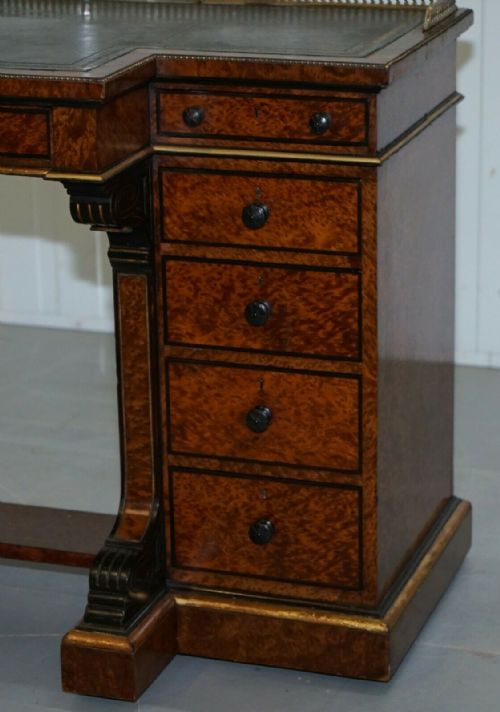 VERY RARE GILLOW 185257 BREAKFRONT LIBRARY DESK BRASS GALLERY BURR AMBOYNA WOOD - ADDITIONAL PHOTO 5