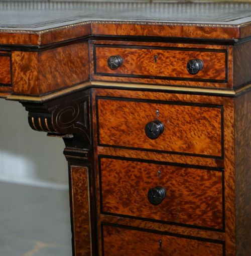 VERY RARE GILLOW 185257 BREAKFRONT LIBRARY DESK BRASS GALLERY BURR AMBOYNA WOOD - ADDITIONAL PHOTO 7