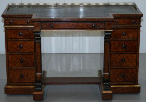 VERY RARE GILLOW 185257 BREAKFRONT LIBRARY DESK BRASS GALLERY BURR AMBOYNA WOOD - ADDITIONAL PHOTO 13
