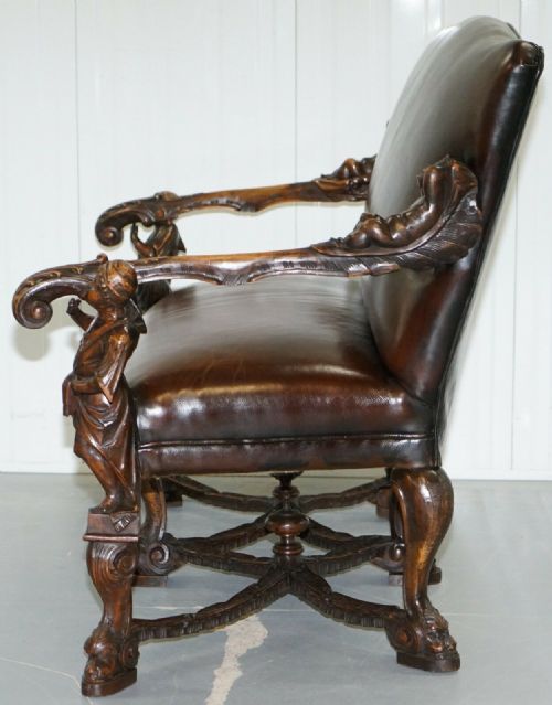 1850 PALATIAL VENETIAN CARVED WALNUT LEATHER BENCH VALENTINO PANCIERA BESAREL - ADDITIONAL PHOTO 8