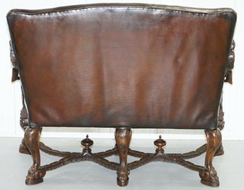 1850 PALATIAL VENETIAN CARVED WALNUT LEATHER BENCH VALENTINO PANCIERA BESAREL - ADDITIONAL PHOTO 9