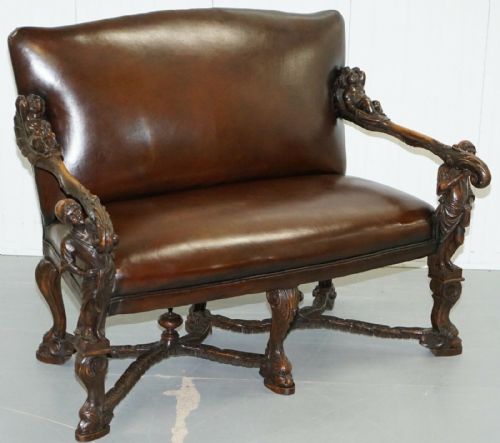 1850 PALATIAL VENETIAN CARVED WALNUT LEATHER BENCH VALENTINO PANCIERA BESAREL - ADDITIONAL PHOTO 10