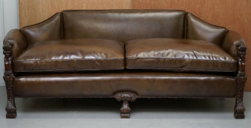 SUBLIME FULLY RESTORED REGENCY 1810 SOFA BROWN LEATHER CARVED HERMS STATUE FRAME - ADDITIONAL PHOTO 3