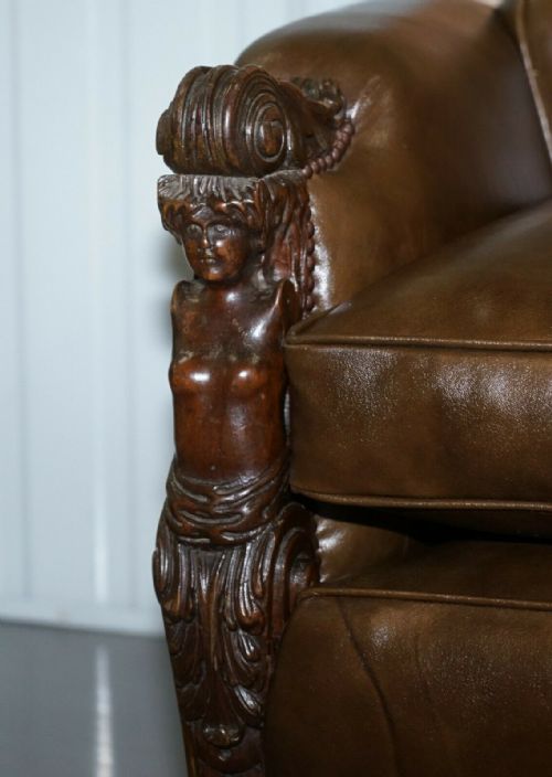 SUBLIME FULLY RESTORED REGENCY 1810 SOFA BROWN LEATHER CARVED HERMS STATUE FRAME - ADDITIONAL PHOTO 5