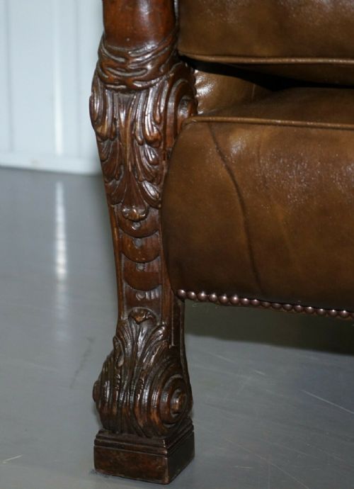 SUBLIME FULLY RESTORED REGENCY 1810 SOFA BROWN LEATHER CARVED HERMS STATUE FRAME - ADDITIONAL PHOTO 6