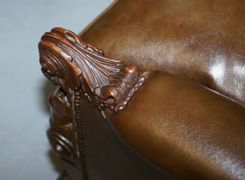 SUBLIME FULLY RESTORED REGENCY 1810 SOFA BROWN LEATHER CARVED HERMS STATUE FRAME - ADDITIONAL PHOTO 12