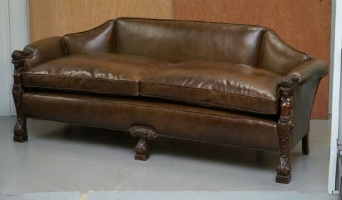 SUBLIME FULLY RESTORED REGENCY 1810 SOFA BROWN LEATHER CARVED HERMS STATUE FRAME - ADDITIONAL PHOTO 13