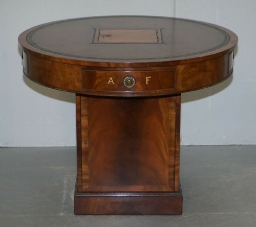 ANTIQUE VICTORIAN FLAMED MAHOGANY REVOLVING RENT DRUM TABLE BROWN LEATHER TOP - ADDITIONAL PHOTO 1