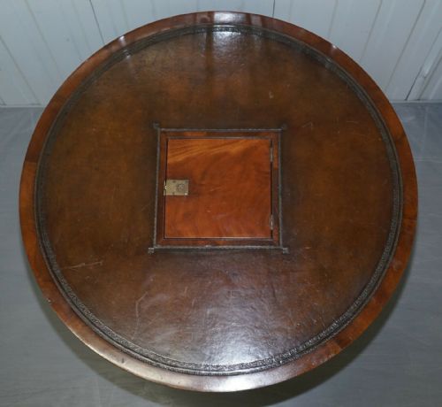 ANTIQUE VICTORIAN FLAMED MAHOGANY REVOLVING RENT DRUM TABLE BROWN LEATHER TOP - ADDITIONAL PHOTO 4