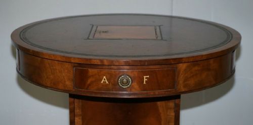 ANTIQUE VICTORIAN FLAMED MAHOGANY REVOLVING RENT DRUM TABLE BROWN LEATHER TOP - ADDITIONAL PHOTO 5