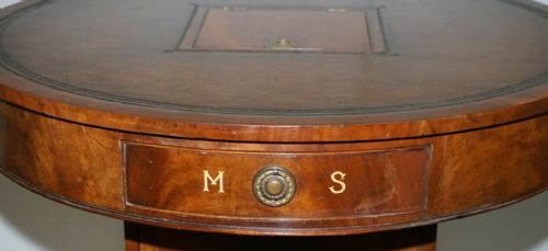 ANTIQUE VICTORIAN FLAMED MAHOGANY REVOLVING RENT DRUM TABLE BROWN LEATHER TOP - ADDITIONAL PHOTO 9