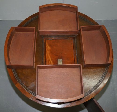 ANTIQUE VICTORIAN FLAMED MAHOGANY REVOLVING RENT DRUM TABLE BROWN LEATHER TOP - ADDITIONAL PHOTO 11