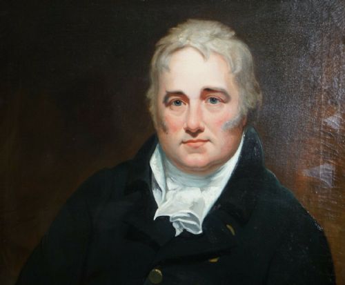 fig 1. A Regency period oil painting on canvas depicting a seated gentleman in a dark double-breasted coat, housed within a gilded wood frame.