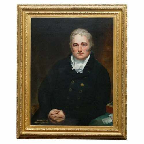 fig 2. A Regency period oil painting on canvas depicting a seated gentleman in a dark double-breasted coat, housed within a gilded wood frame.