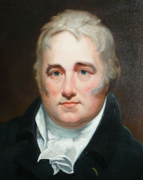fig 3. A Regency period oil painting on canvas depicting a seated gentleman in a dark double-breasted coat, housed within a gilded wood frame.