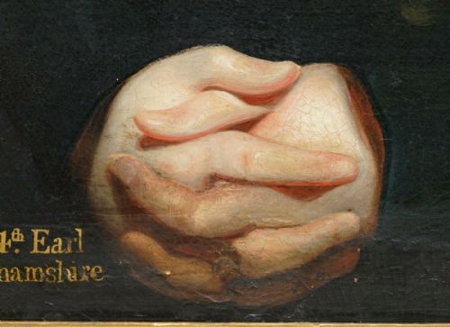 fig 7. A Regency period oil painting on canvas depicting a seated gentleman in a dark double-breasted coat, housed within a gilded wood frame.