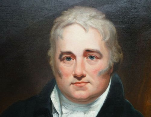 fig 8. A Regency period oil painting on canvas depicting a seated gentleman in a dark double-breasted coat, housed within a gilded wood frame.